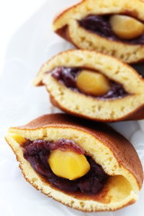 Japanese confectionery food, chestnut and red bean paste Dorayaki Pan cake sandwiches in half