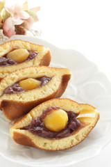 Japanese confectionery food, chestnut and red bean paste Dorayaki Pan cake sandwiches in half
