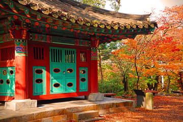 Korean Autumn with red and yellow leaves at Buddhist temple