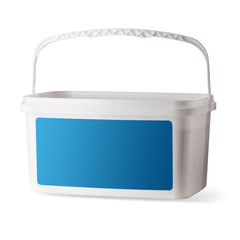 A plastic container insulated on a white background, with an empty label for text.