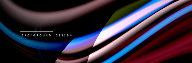 Сolorful flow poster. Wave liquid lines and shapes in black color background. Vector Illustration