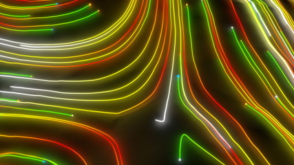 Neon glowing twisted cosmic lines on the surface of the planet. Beautiful swirls, bright turbulence curls flow colorful motion. Fluid and smooth astronomy vortex structure. 3d rendering Abstract