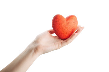 female hand with red heart on palm