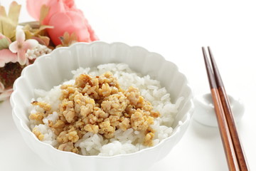 Japanese food, stir fried chicken mince with sesame seed