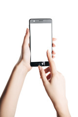 hand touching smartphone screen isolated on white