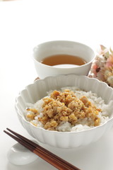 Japanese food, stir fried chicken mince with sesame seed