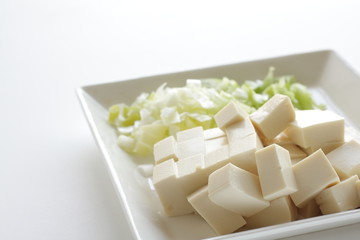 Chinese cooking, tofu and chopped scallion on plate