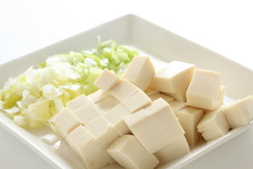 Chinese cooking, tofu and chopped scallion on plate