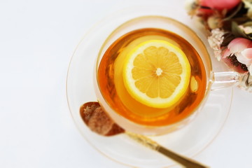 Freshness lemon tea in glass cup with brown sugar