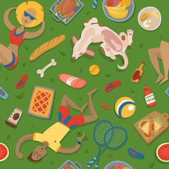 Summer picnic party in park on the meadow with happy people, dog and food seamless vector pattern illustration. Man and woman, dog, cake, fruits and bread, pizza, top view. Picnic food.