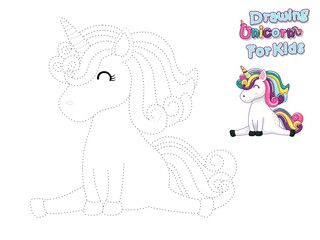 Drawing and Paint Cute Cartoon Unicorn. Educational Game for Kids. Vector Illustration With Cartoon Animal Characters