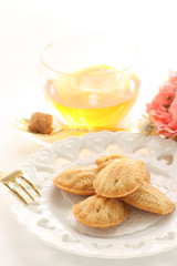 French confectionery, Madeleine cake on dish with copy space 