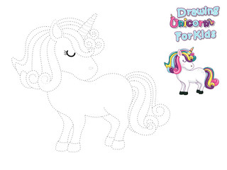 Drawing and Paint Cute Cartoon Unicorn. Educational Game for Kids. Vector Illustration With Cartoon Animal Characters