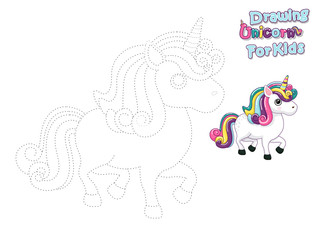 Drawing and Paint Cute Cartoon Unicorn. Educational Game for Kids. Vector Illustration With Cartoon Animal Characters