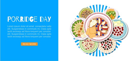 Breakfast with porridge, fruits, berries and healthy morning web banner vector illustration. Morning food cafe or restaurant menu. Breakfast dishes collection oatmeal with fruits and berries healthy