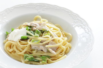 Italian food, pork and cream cheese with green belly pepper pasta