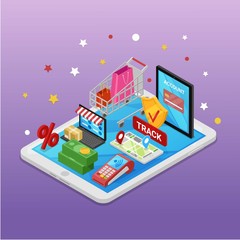 Mobile shopping e-commerce online supermarket store 3d isometric concept vector illustration. Electronic business, shopping sales, tracking and payment with delivery inside big tablet.