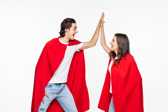 Young couple give five wear in red hero cout isolated on white background