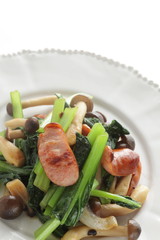 Japanese himeji mushroom and sausage still life with Komatsuna green leaf vegetable,
