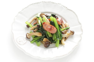 Japanese himeji mushroom and sausage still life with Komatsuna green leaf vegetable,