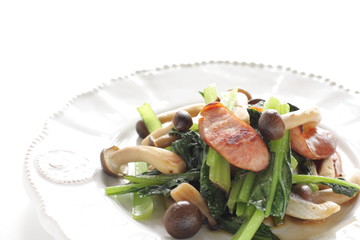 Japanese himeji mushroom and sausage still life with Komatsuna green leaf vegetable,