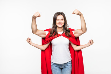 Young woman in red superhero cloak standing with four hands isolated on white background