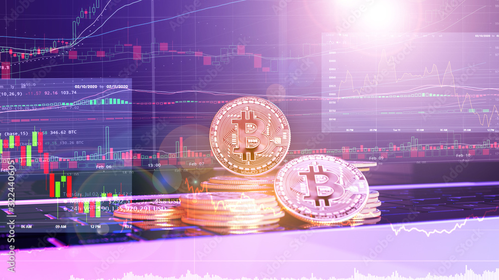 Poster groups of bitcoin with defocused chart background on the keyboard of laptop. virtual cryptocurrency 