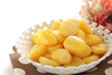 Prepared chestnut on white background with copy space