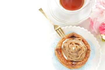 Homemade chestnut cream Bun and tea