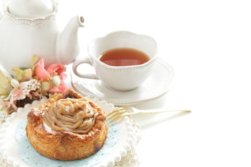 Homemade chestnut cream Bun and tea