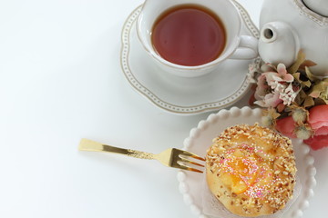 Homemade custard bun for sweet breakfast on white background