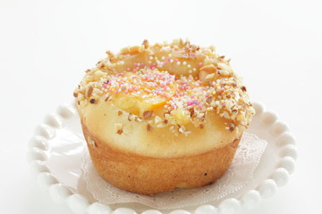 Homemade custard bun for sweet breakfast on white background