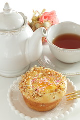 Homemade custard bun for sweet breakfast on white background