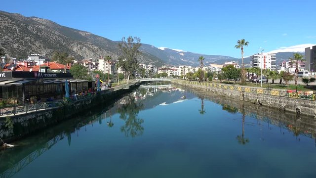 Finike, Turkey - 1st of February 2020: 4K Calm life in beautiful city on channels in winter