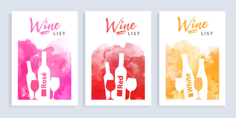 Bundle set of creative wine list cover with shape of bottle and glass on abstract watercolor pattern
