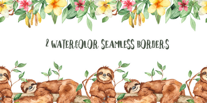Cute cartoon sloths. Watercolor seamless borders