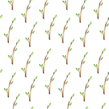 Watercolor seamless pattern with branches and leaves on a white background