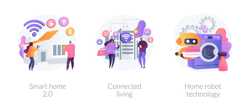 City And Home With Cognitive Intelligence, Internet Of Things, Innovative Technology. Smart Home 2.0, Connected Living, Home Robot Technology Metaphors. Vector Isolated Concept Metaphor Illustrations.