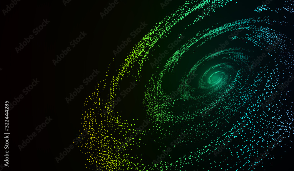 Poster cosmic vortex, colorful dynamic particles build network technology big data background.