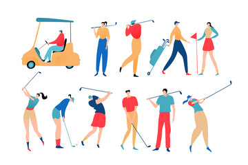 People playing golf, set of isolated cartoon characters, vector illustration. Men and women with golf club in different poses. Sport activity, recreation leisure hobby. Flat style people isolated