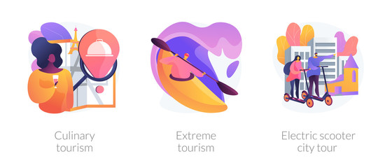 Adventure touristic activities, recreation, broadening horizons. Culinary tourism, extreme tourism, electric scooter city tour metaphors. Vector isolated concept metaphor illustrations.