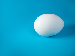 a whole white unpainted egg on a blue background