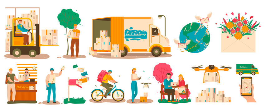 Mail delivery service, courier with parcel and postman with letter, vector illustration. People using postal services, worldwide delivery of mail. Men and women sending and receiving packages by post
