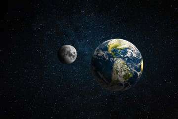 Real image Earth and moon in dark space. blue planets With the moon as a satellite. human habitat is globe. Elements of this image furnished by NASA