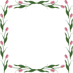 Spring frame of tulips in the shape of a square. Rosebud. Vector. Place for text, photos. Isolated background. Idea for creating a greeting card, invitation, card. Floral ornament.