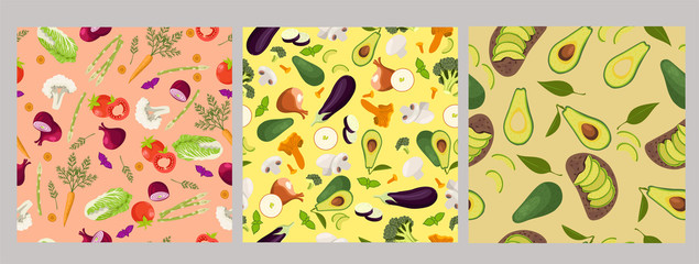 Set of seamless patterns with vegetables. Vector graphics.