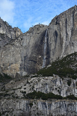 Yosemite Falls and surrounding granite rock formations in Yosemite National Park, California in winter.