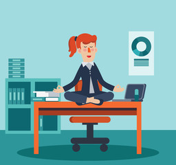 Business woman meditates in lotus position. Business people practicing yoga in office