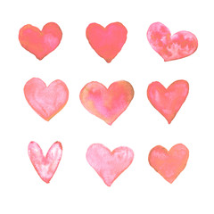 Set of red watercolor hearts. Perfect for creating romantic postcards, backgrounds and Valentines Day decor. Hand drawn