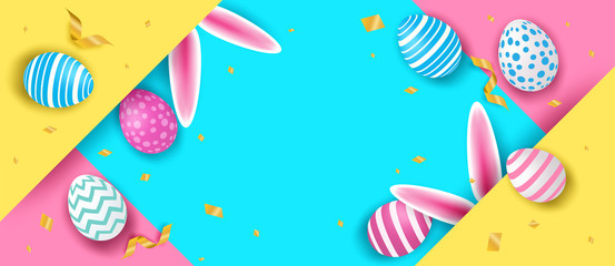 Happy easter. Celebration. Colorful easter egg and bunny ears on colorful paper background. light and shadow . Vector. illustration.